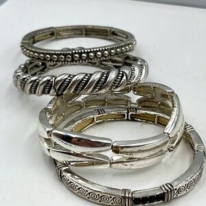 Vintage Silver Tone Stacking Stretch Bracelet Lot Mixed Boho Textured Bangle Set